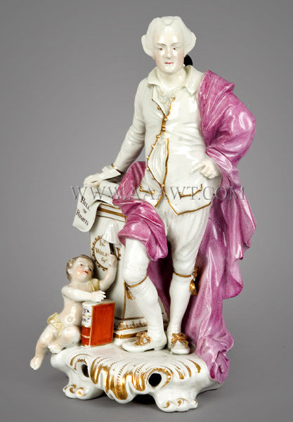 Derby Porcelain Figure, John Wilkes on Rocco Scrolled Pedestal
British politician who endeared himself to the American colonies
Circa 1775, entire view 1
